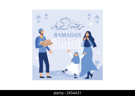 Iftar manger après le jeûne de fête concept. Dîner familial musulman sur le Kareem de Ramadan ou célébration d'Eid avec le personnage du peuple. Illustration de Vecteur