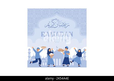 Iftar manger après le jeûne de fête concept. Dîner familial musulman sur le Kareem de Ramadan ou célébration d'Eid avec le personnage du peuple. Illustration de Vecteur