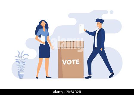 Électeur tenant le bulletin de vote en main pour l'élection. Les personnes se tenant à l'illustration vectorielle plate de la boîte de vote. Démocratie, concept de choix du référendum Illustration de Vecteur