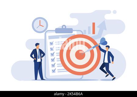 Illustration vectorielle plate isolée de minuscules personnes développant un système d'autocontrôle. Métaphore de la réalisation des objectifs et des objectifs pour un travail productif. Gestion du temps Illustration de Vecteur