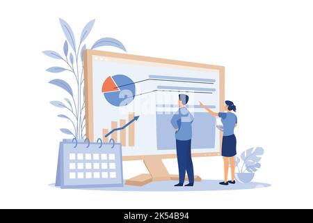 De jeunes analystes minuscules préparent un rapport mensuel. Calendrier, graphique, illustration vectorielle plate avec flèche. Statistique et concept de technologie numérique pour Banner, W Illustration de Vecteur