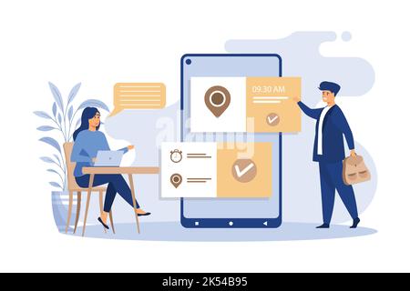 Personnes utilisant l'application de rendez-vous et de réservation en ligne. Réunion de planification moyenne et femme, définition de la date dans l'interface mobile. Illustration vectorielle pour les entreprises, Illustration de Vecteur
