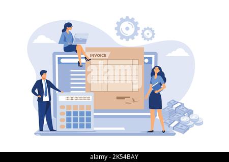 Des personnes minuscules préparent la facture sur l'illustration vectorielle plate isolée par ordinateur. Caricatures comptables créant des rapports sur la TVA, la paie et l'argent payé. O Illustration de Vecteur