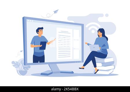 Illustration vectorielle plate en ligne du séminaire en ligne sur l'écoute des étudiantes. Caricature de personnes lors d'une formation, d'une vidéoconférence ou d'une conférence. Étude et éducation informatiques Illustration de Vecteur
