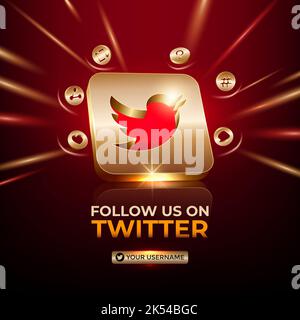 Twitter carré bannière 3D icône or pour la promotion de page d'affaires social media post Illustration de Vecteur