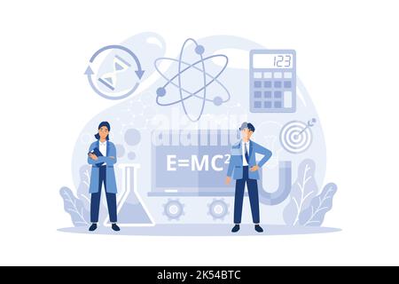 Concept de sujet d'école de physique. Les scientifiques explorent l'électricité, le magnétisme, l'onde lumineuse et les forces. Étude théorique et pratique. Cours de physique et l Illustration de Vecteur