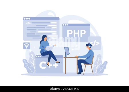 Concept de développement back-end. Processus de développement logiciel. Amélioration de la conception de l'interface du site Web. Programmation et codage. MÉTIER DE L'INFORMATIQUE. design plat m Illustration de Vecteur