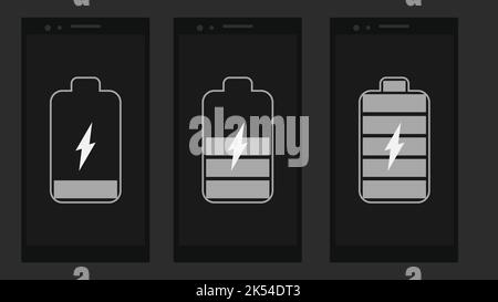 Batterie déchargée et entièrement chargée du smartphone. Ensemble de smartphones avec indicateurs de niveau de charge de la batterie et avec connexion USB. Icône isolée activée Illustration de Vecteur