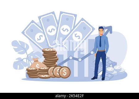 Entrepreneur ou investisseur réussi présentant la pile d'argent et le diagramme de croissance. Homme d'affaires en costume debout en espèces. Illustration vectorielle pour le banc Illustration de Vecteur