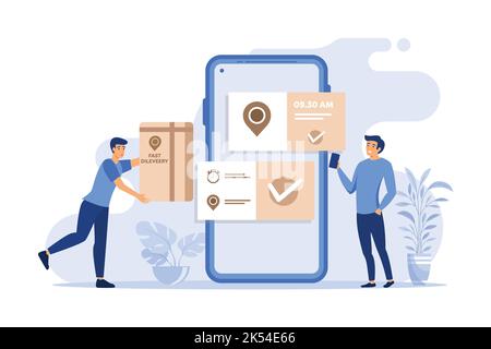 Un petit homme commandant des produits en ligne via un smartphone. Application, téléphone, commander une illustration plate. Service de livraison rapide et concept d'expédition pour bannière, plat des Illustration de Vecteur