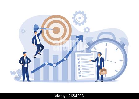 Des personnes minuscules avec horloge, liste de contrôle et cible. Personnages de dessin animé productifs permettant d'obtenir une illustration vectorielle plate de l'objectif. Discipline, gestion du temps conce Illustration de Vecteur