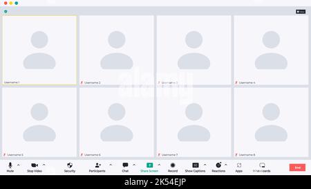 Illustration vectorielle plate de la disposition de l'application de visioconférence. Idéal pour la conception d'éléments de webinar, d'interface utilisateur de logiciel de réunion vidéo et en ligne Illustration de Vecteur