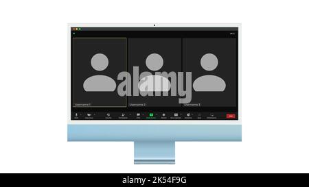 Interface utilisateur de visioconférence, trois utilisateurs. Superposition de la fenêtre des visioconférences sur le bureau, éléments de l'interface utilisateur du chat vidéo, webinaire, réunion en ligne Illustration de Vecteur