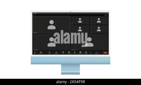 Interface utilisateur de visioconférence, sept utilisateurs. Superposition de la fenêtre des visioconférences sur le bureau, éléments de l'interface utilisateur du chat vidéo, webinaire, réunion en ligne Illustration de Vecteur