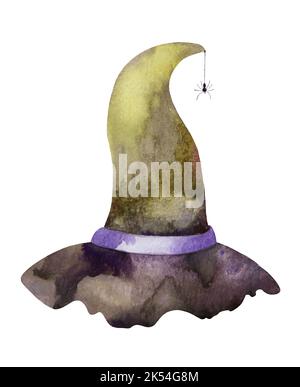 Aquarelle illustration chapeau de sorcière vert avec araignées isolées sur fond blanc Banque D'Images