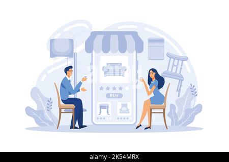 Magasin de meubles et d'accessoires pour la maison. Achat de meubles et de décoration pour la maison en ligne utiliser un téléphone intelligent. Boutique de canapés. illustration vectorielle plate Illustration de Vecteur