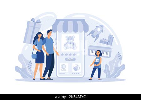 Concept de bannière Web d'achat en ligne. E-commerce, client sur la vente. Application sur téléphone mobile. Magasin pour enfants. Illustration de Vecteur