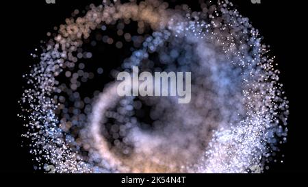 3D illustration d'un flux de particules brillantes avec un motif sphérique sur fond noir Banque D'Images