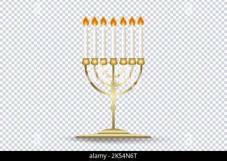 Icône Menorah dorée. Chandelier juif traditionnel à sept branches. Hanoukkah menorah avec des bougies allumées. Chandelier Hanukkah avec bougies isolées Illustration de Vecteur