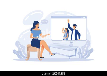 Appel vidéo et discussion de groupe avec la famille et les amis sur l'ordinateur, illustration de dessin animé vectoriel. Fille gamin discutant et envoyant des messages dans un appel vidéo à fami Illustration de Vecteur