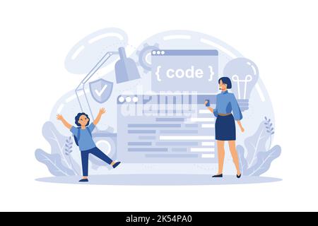 Éducation INFORMATIQUE. L'étudiant écrit un logiciel et crée du code pour l'ordinateur. Technologie numérique pour le site Web, l'interface et les périphériques. Illustration vectorielle. Illustration de Vecteur