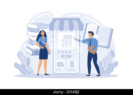 Application de la librairie sur l'écran du smartphone. Manuel d'achat client MAN en ligne. Grande main donner le livre à un client masculin. Technologie de l'achat sur Internet. Illustration de Vecteur