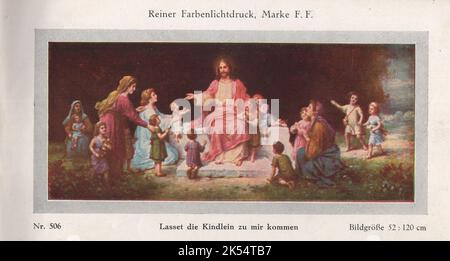 Reiner Farbenlichtdruck, Marke F. F. Lasset die Kindlein zu mir kommen Nr. 506 Bildgröße 52 : 120 cm / Laissez les petits enfants venir à moi / Banque D'Images