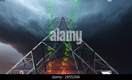 Pylône de la tour de transmission montrant le symbole de l'euro descendant les lignes électriques représentant la crise énergétique mondiale avec l'augmentation de la co d'électricité Banque D'Images