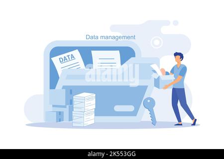 Un travailleur masculin ajoute des fichiers au grand dossier. Stockage et indexation des informations. Homme d'affaires tient une loupe. Utilisateur et archive de données. Base de données, searchi Illustration de Vecteur