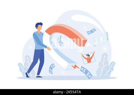 Illustration vectorielle ultraviolet d'attirer des clients en ligne. Gros aimant et personnes avec ordinateur portable autour. Stratégie de fidélisation des clients, entrée numérique Illustration de Vecteur