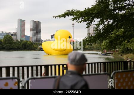 Séoul, Corée du Sud. 6th octobre 2022. Un homme regarde le Duck en caoutchouc conçu par l'artiste néerlandais Florentijn Hofman sur le lac Seokchon à Séoul, Corée du Sud, le 6 octobre 2022. Crédit : Wang Yiliang/Xinhua/Alay Live News Banque D'Images