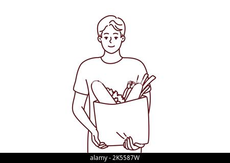 Portrait d'un jeune homme souriant avec sac d'épicerie. Un gars heureux tenant le paquet avec des marchandises et des produits. Shopping et nutrition. Illustration vectorielle. Illustration de Vecteur