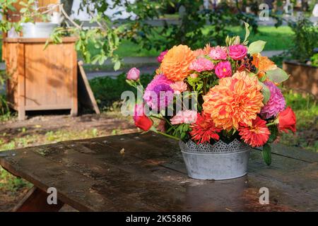 Fleurs d'automne : roses, asters, dahilia dans le jardin sur une table en bois. Design floristique. Jour ensoleillé. Banque D'Images