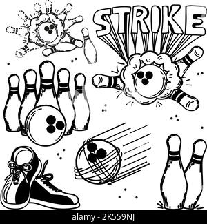 Un ensemble d'éléments dessinés à la main avec un thème de bowling. Boule de bowling, épingles, chaussures. Inscription manuscrite en forme de grève. La bille smashes les goupilles. Ballon volant dans la ta Illustration de Vecteur