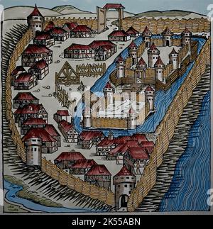 Sabatz (ancien Zaslon). La forteresse turque. Gravure de la chronique de Nuremberg, 15th siècle. Banque D'Images