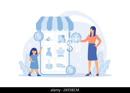 Échange de vêtements pour bébés jouets et vêtements pour enfants en échange d'argent ou de coupons, magasin de mode pour enfants, seconde main, équipement pour bébés, magasin de revente vecteur plat Illustration de Vecteur