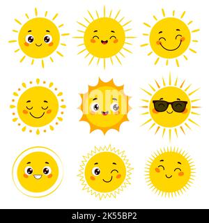 Jolie collection d'émotiji de soleil de dessin animé. Ensemble de visages souriants et ensoleillés Illustration de Vecteur