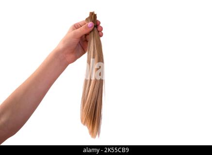 Main de fille tenant la coupe longue des cheveux de queue de cheval blonde naturels attachés ensemble. Banque D'Images