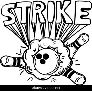 Épingles dessinées à la main et boule de bowling. La bille casse les axes. Lettres de grève manuscrites. Passe-temps, divertissement, loisirs. Patineur. Sports. Le jeu Illustration de Vecteur