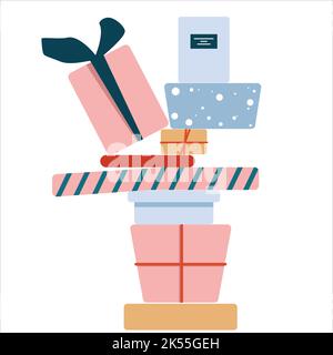 Pile désordonnée de boîtes-cadeaux avec cadeaux Illustration de Vecteur