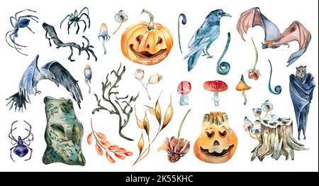 Illustration aquarelle des symboles Halloween isolée sur fond blanc. Citrouilles, deux corneilles et chauves-souris, souche, nain et araignée, main de plante d'automne Banque D'Images