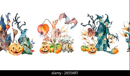 Tableau sans couture de l'illustration colorée d'Halloween aquarelle isolée sur fond blanc. Maison hantée, tour torchée, citrouilles et chauve-souris dessinées à la main. Banque D'Images