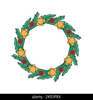 Couronne de sapin de Noël avec baies et étoiles. Bordure traditionnelle festive de branches d'épicéa. Cadre botanique pour la nouvelle année pour carte postale ou invitation Illustration de Vecteur