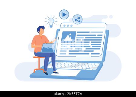 Blog plateforme de médias sociaux, influenceur, promotion de marque personnelle, histoires récentes et post, attirer des abonnés et des contenus viraux plate-forme Illustration de Vecteur