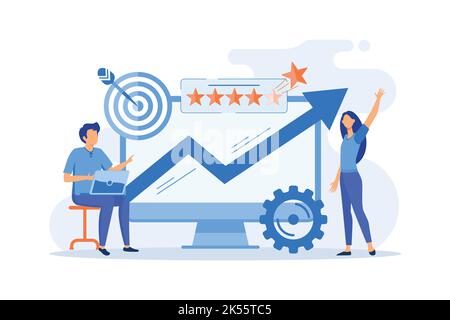 Gestion de la réputation Service de marketing numérique, navigation sur les pages Web, relations publiques, stratégie de communication, médias sociaux, Barre de menus interface utilisateur conception plate m Illustration de Vecteur