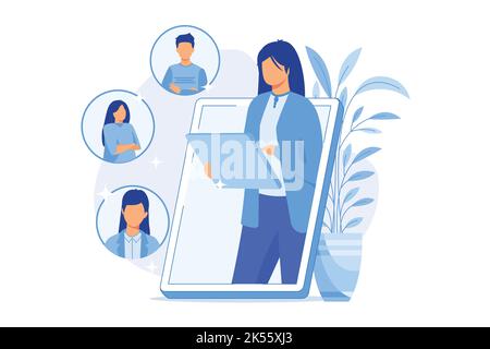 Réseau social. Service de rencontres en ligne, chat, communication Internet. Personnage de dessin animé de fille regardant des profils avec photo sur les médias sociaux. Vecteur Illustration de Vecteur