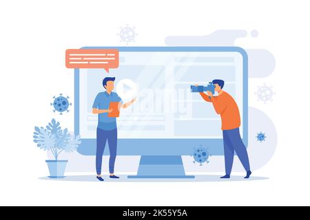 Blogger streaming dans l'illustration de concept d'auto-isolation. Distance sociale pendant la pandémie mondiale de Covid-2019, concept de blog vidéo en ligne Illustration de Vecteur