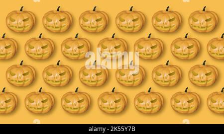 Citrouilles à citrouilles en forme de citrouille sur fond orange, modèle rendu en 3D. Thème Halloween, illustration numérique, symboles de vacances Banque D'Images