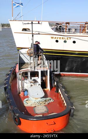 Harwich, Royaume-Uni. 06th octobre 2022. Le dernier bateau à aubes en mer restant, Waverley, part de l'embarcadère Ha'penny à Harwich pour la dernière fois cette saison dans le cadre de la saison de la Tamise lors de son programme anniversaire de 75th. Le Waverley transporte des passagers dans la région de la Tamise avant de se rendre en Écosse. Le remorqueur Fury aide Waverley à s'éloigner de la jetée. Crédit : Eastern Views/Alamy Live News Banque D'Images