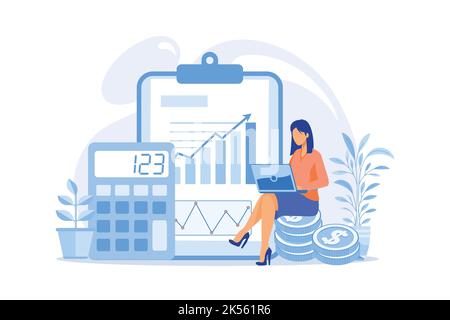 Femme comptable analyse des relevés, planification budgétaire, tenue de livres, vérification financière. Femme travaillant sur les statistiques de revenu. flat design moderne i Illustration de Vecteur